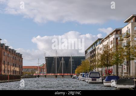 Außenansicht des Kanals an der Fußgänger- und Fahrradbrücke, fünf Kreise Fußgängerbrücke, am Hafen von Christianshavn. Stockfoto