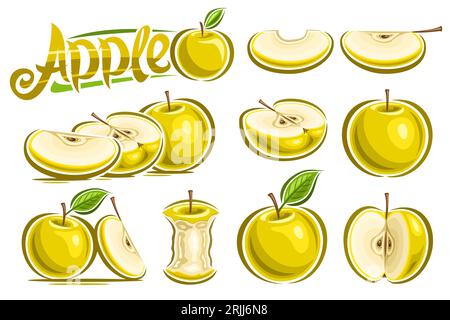 Vector Yellow Apple Set, Sammlung von Zeichentrickdesign fruchtig goldenen Äpfeln Kompositionen, Set mit verschiedenen Umrisszeichnungen von geschnittenen Früchten Stock Vektor