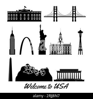 Set von berühmten Wahrzeichen der usa durch Silhouettenstil, Vektorillustration Stock Vektor