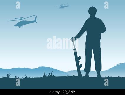 Hintergrund des Krieges in der Situation des Soldaten stehen und halten Waffe, um Armee Basis zu verteidigen, Vektor-Illustration Stock Vektor