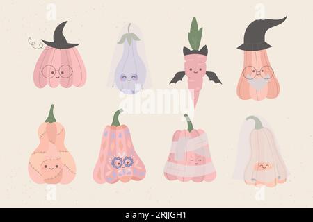 Glückliches halloween süße Kürbisfiguren in Fledermaus, Zombie, Geisterkostüm für Karte, Aufkleber. Kindervektorillustration für Party. Stock Vektor