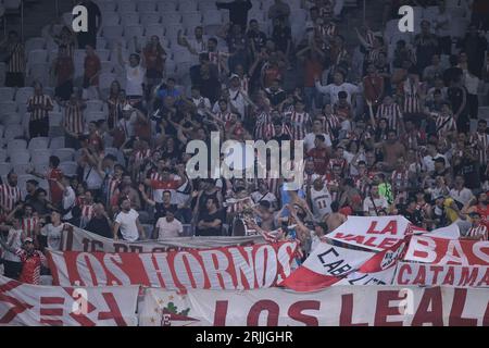 Sao Paulo, Brasilien. August 2023. SP - SAO PAULO - 08/22/2023 - COPA SUL-AMERICANA 2023, CORINTHIANS X ESTUDIANTES - Estudiantes-Fans während eines Spiels gegen Corinthians im Stadion Arena Corinthians für die Copa Sudamericana 2023 Meisterschaft. Foto: Ettore Chiereguini/AGIF/SIPA USA Credit: SIPA USA/Alamy Live News Stockfoto