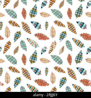 Nahtloses Muster, bunte Federn von Indianern, afrikanischen Stämmen, alten wilden Stämmen. Vektor. Modisches Design im Boho-Stil. Für Druck, Textil, Gewebe, Stock Vektor