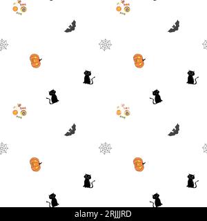 Halloween Katzen, Kürbisse, Fledermäuse, Süßigkeiten nahtloses Muster. Vektordesign mit verschiedenen halloween-Elementen auf weißem, verstreutem Hintergrund. Lustig gruselig Stock Vektor