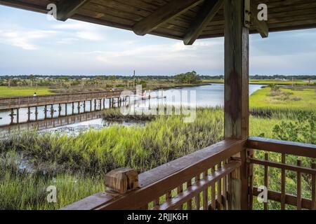 Aussichtsplattform mit Blick auf die Promenade und den Kajakstart im Castaway Island Preserve am Intracoastal Waterway in Jacksonviille, Florida. (USA) Stockfoto