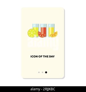 Sammlung von Gläsern mit Zitrussaft und Fruchtscheiben Stock Vektor