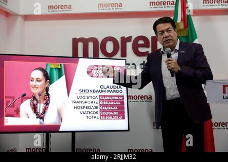 Nicht exklusiv: 22. August 2023, Mexiko-Stadt, Mexiko: Der Präsident der Partei der Nationalen Regenerationsbewegung, Mario Delgado Carrillo bei der Presse Co Stockfoto