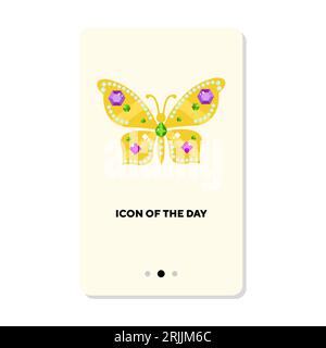 Goldene Schmetterlingsbrosche mit Edelsteinen auf weißem Hintergrund Stock Vektor