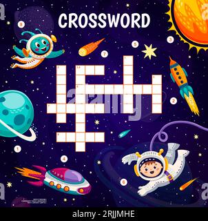 Kreuzworträtsel-Quiz-Spielraster. Cartoon-Galaxie Raumvektorlandschaft mit Planeten, Rakete, Astronaut und Raumschiff, Alien, Stern, Meteor- und Sonnenworträtsel Stock Vektor
