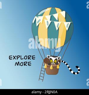 Handgezeichnetes Poster mit Lemur, der im Luftballon fliegt Stock Vektor