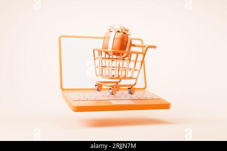 Cartoon-Warenkorb mit Shopping-Thema, 3D-Rendering. Digitale Zeichnung. Stockfoto