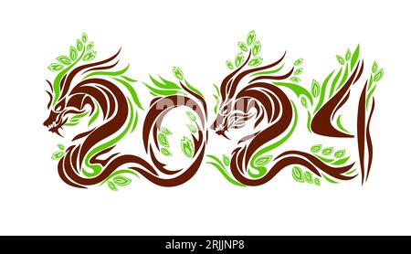 Frohes chinesisches Neujahr 2024 das Drachentierkreiszeichen. Holzdrache mit Blättern und Zweigen. Vektorillustration Stock Vektor