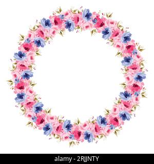 Kranz mit rosa und blauen Blumen, grünen Blättern und Zweigen im Vintage-Aquarellstil. Vektorkreisrahmen Stock Vektor