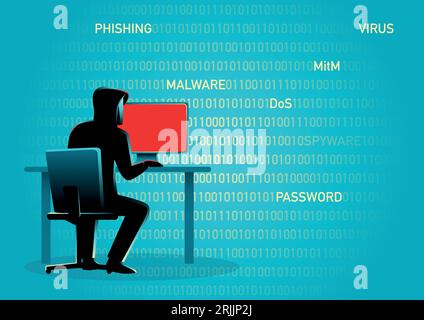 Konzept Illustration eines Hackers hinter Desktop-Computer Stock Vektor