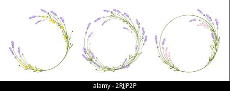Lavendelrahmen mit Blumen, kreisförmiges Kräuter-Set mit Kranz. Handgezeichneter Vintage-Lorbeerblatt hinterlässt dekorative Hochzeitselemente. Botanischer rustikaler Blumenzweig und Kräutermonogramm, Postkartenaufkleber Stock Vektor