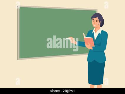 Einfache flache Vektordarstellung einer Lehrerin, die in unterrichtet Vorderseite des Klassenraums Stock Vektor