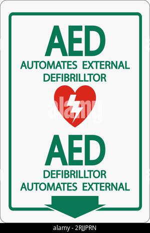 Selbstklebendes AED-Schild, Symbol auf weißem Hintergrund Stock Vektor