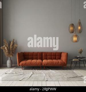 Wohnzimmer mit orangefarbenem Sofa auf grauem Betonwandhintergrund. Innenmodell Stockfoto