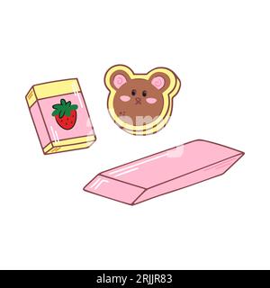 Cartoon-Radierer. Niedlicher Radiergummi in Form eines Bären. Rosa gelbe Farben. Handgezeichnete Schreibwaren liefern Doodle. Vektordesign-Illustration isoliert auf weiß Stock Vektor