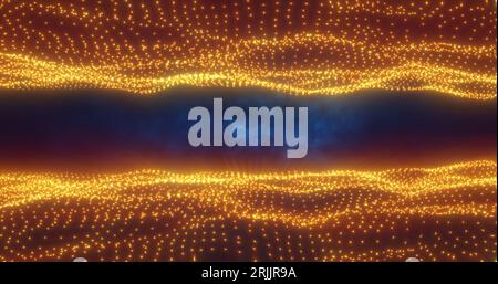 Abstrahieren gelber orangefarbener goldener Energiewellen von Partikeln über und unter dem Bildschirm magischer, leuchtender futuristischer Hightech-Hintergrund. Stockfoto