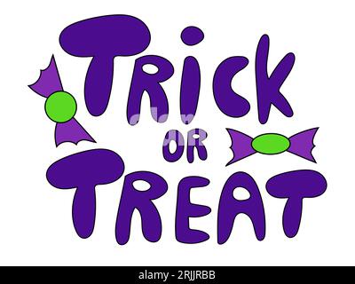 Das Design mit „Trick or Treat“-Schriftzug und Süßigkeiten auf weißem Hintergrund. Halloween-Text. Vektor-Illustration. Stock Vektor