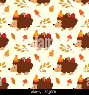 Nahtloses Muster aus niedlichen Cartoon-Igeln mit Herbstblättern, Apfel, Pilzen. Gemütlicher Herbsthintergrund. Vektor-Illustration. Stock Vektor