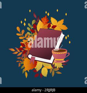 Buch, Herbstblätter und eine Tasse Tee. Stock Vektor