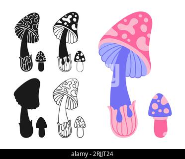 Pilz Psychedelic fantastisches Kinderhocker-Set. Farbige Comic-Silhouette oder Symbol-Doodle-Tätowierung, Linie verzierte surreale Pilze. Stylizes Retro-Hippie-Pilz. Alchemie gezeichnete Vektorsammlung Stock Vektor