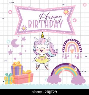 Geburtstagskarte mit niedlichem Einhorn, Geschenk und Regenbogen. Vektorillustration. Stock Vektor