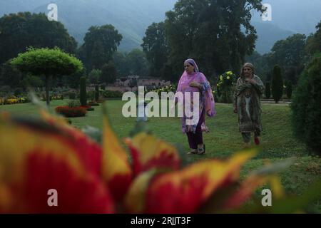 August 23,2023, Srinagar Kashmir, India : Kashmiri women walk in the Nishat Garden during early morning in Srinagar. On August 23,2023 in Srinagar Kas Stock Photo
