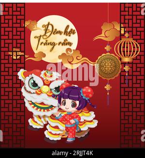 Glückliche Grußkarte für das chinesische Neujahr. Niedliches chinesisches Karikaturmädchen in traditionellem Kostüm mit Löwentanz. Stock Vektor