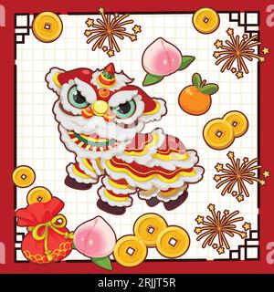 Glückliche Grußkarte für das chinesische Neujahr. Niedliches chinesisches Karikaturmädchen in traditionellem Kostüm mit Löwentanz. Stock Vektor