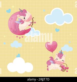 Niedliches Karikatureinhorn mit Herz auf dem Mond und Ballons Vektor-Illustration Stock Vektor
