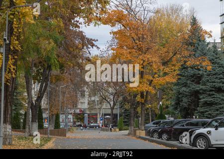 Chisinau, Moldawien - 30. Oktober 2022 Straße in Chisinau mit Bäumen, die im Herbst gelb werden. Stockfoto