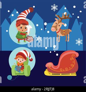 Weihnachtssymbole und Silvestersymbole. Weihnachtsmann, Rentier, Elf, Schneemann, Elf. Vektorillustration Stock Vektor