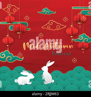 Happy Mid Herbstfest Grußkarte mit Laternen und Kaninchen Vektor Illustration Stock Vektor