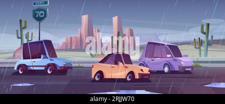 Autos fahren bei Regen auf der Autobahn in der Wüste zwischen felsigen Bergen und Kakteen. Comic-Vektor-Illustration von Automobilen reisen auf Landstraße bei schlechtem regnerischem Wetter auf Asphaltpfad mit Pfützen. Stock Vektor