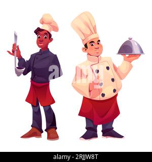 Restaurant Küche Koch Charakter Zeichentrickvektor Illustration. Chefkoch Mitarbeiter für professionelle Gastfreundschaft eingestellt. Kulinarisches Personal in Schürze mit Suppenladdel und Cloche-Teller-Design Stock Vektor