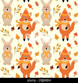 Nahtloses Muster mit Waldtieren - Fuchs mit Hut und Schal, Hase mit Brille. Blätter, Eicheln und Pilze. Vektorillustration Stock Vektor