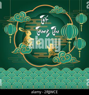 Happy Mid Herbstfest Grußkarte mit Laternen und Kaninchen Vektor Illustration Stock Vektor