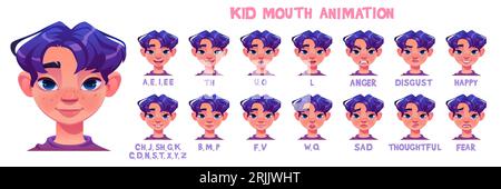 Kid Boy Mouth Animation - Gesichtsausdrücke mit unterschiedlichen Emotionen und Positionen von Merkmalen beim Aussprechen von Buchstaben des Alphabets. Zeichentrickvektor-Illustration der Bewegung sprechender Gesichtsteile. Stock Vektor
