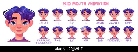 Kid Boy Mouth Animation - Gesichtsausdrücke mit unterschiedlichen Emotionen und Positionen von Merkmalen beim Aussprechen von Buchstaben des Alphabets. Zeichentrickvektor-Illustration der Bewegung sprechender Gesichtsteile. Stock Vektor