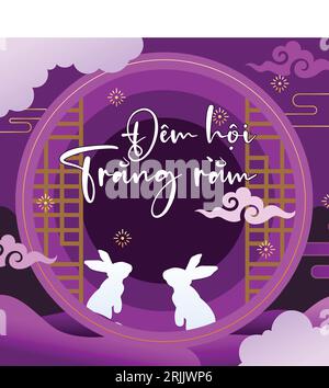 Happy Mid Herbstfest Grußkarte mit Laternen und Kaninchen Vektor Illustration Stock Vektor