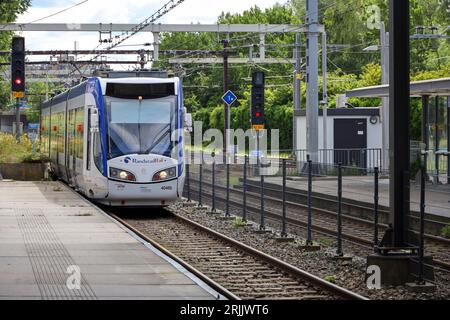 Alstom Regio Citadis lightrail tram running on Randstadrail by HTM in the Netherlands Stock Photo