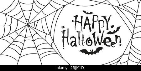 Horrorschrift mit fliegenden Vampirschlägern und froher Halloween-Textnachricht. Vektor Spinnennetz isoliert auf Whie-Hintergrund Stock Vektor