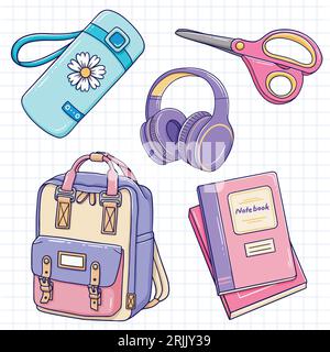 Schulbedarf auf Notizbuchseite. Vektorillustration im Doodle-Stil Stock Vektor