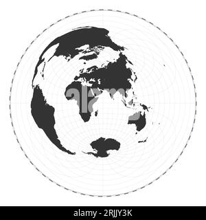 Vektor-Weltkarte. Azimutale äquidistante Projektion. Plain World geografische Karte mit Breiten- und Längenlinien. Zentriert auf 60 Grad W Längengrad. Vec Stock Vektor