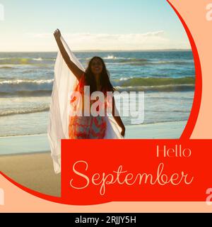 Komposition aus Hello september Text über asian Woman on Beach Stockfoto