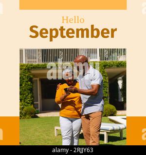 Komposition aus Hello-september-Text über ein älteres afroamerikanisches Paar im Garten Stockfoto