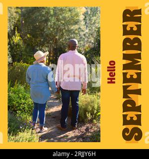 Komposition aus Hello-september-Text über ein älteres afroamerikanisches Paar im Garten Stockfoto